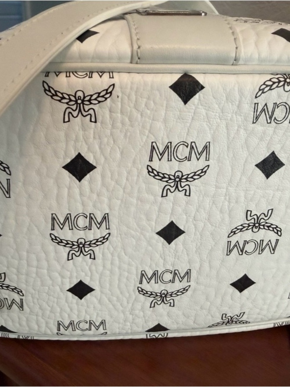 MCM White Logo Drawstring Bucket Bag with Black Motif, Authentic - Picture 6 of 8